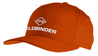 Auffällige orangene Basecap mit gesticktem Feldbinder-Logo – Teil des Corporate Merchandising für einen einheitlichen Markenauftritt.