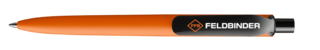 Kugelschreiber in leuchtendem Orange mit Feldbinder-Logo.
