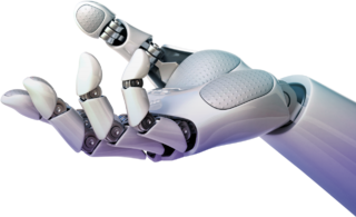 Symbolbild für technologische Kompetenz bei digi table: Roboterhand als zentrales Designelement im Corporate Design.