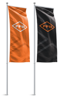 Werbeflaggen im Corporate Design von Feldbinder – orange und schwarz, jeweils mit zentral platziertem Logo für hohe Sichtbarkeit.
