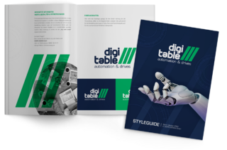 Stylebook von digi table mit definierten Farben, Typografie, Logoanwendungen und Gestaltungselementen für ein konsistentes Markenerscheinungsbild.